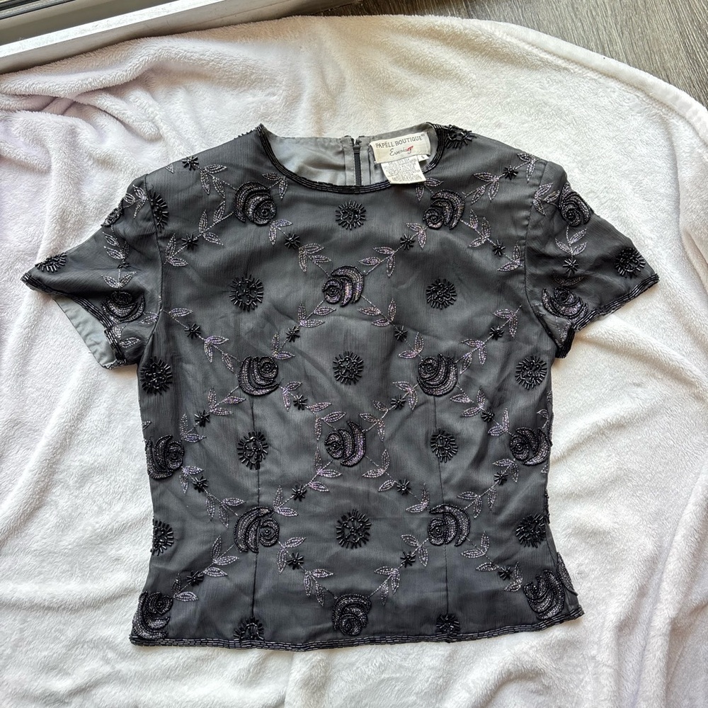Papll Boutique Evening Black Embroidered Women's Short Sleeve Form Fitting Top View 5